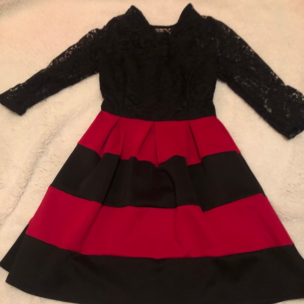 Red and black lace sleeve dress